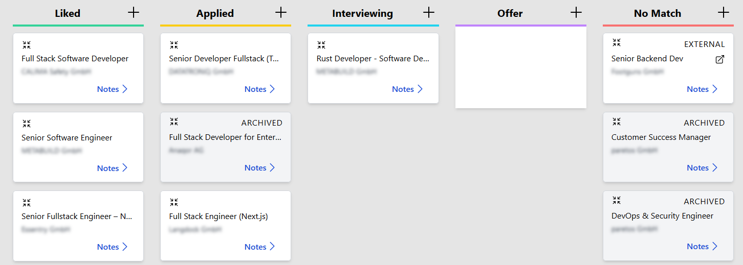 Funnel view demonstration with kanban style board with 4 columns: liked, applied, offer, and rejected.